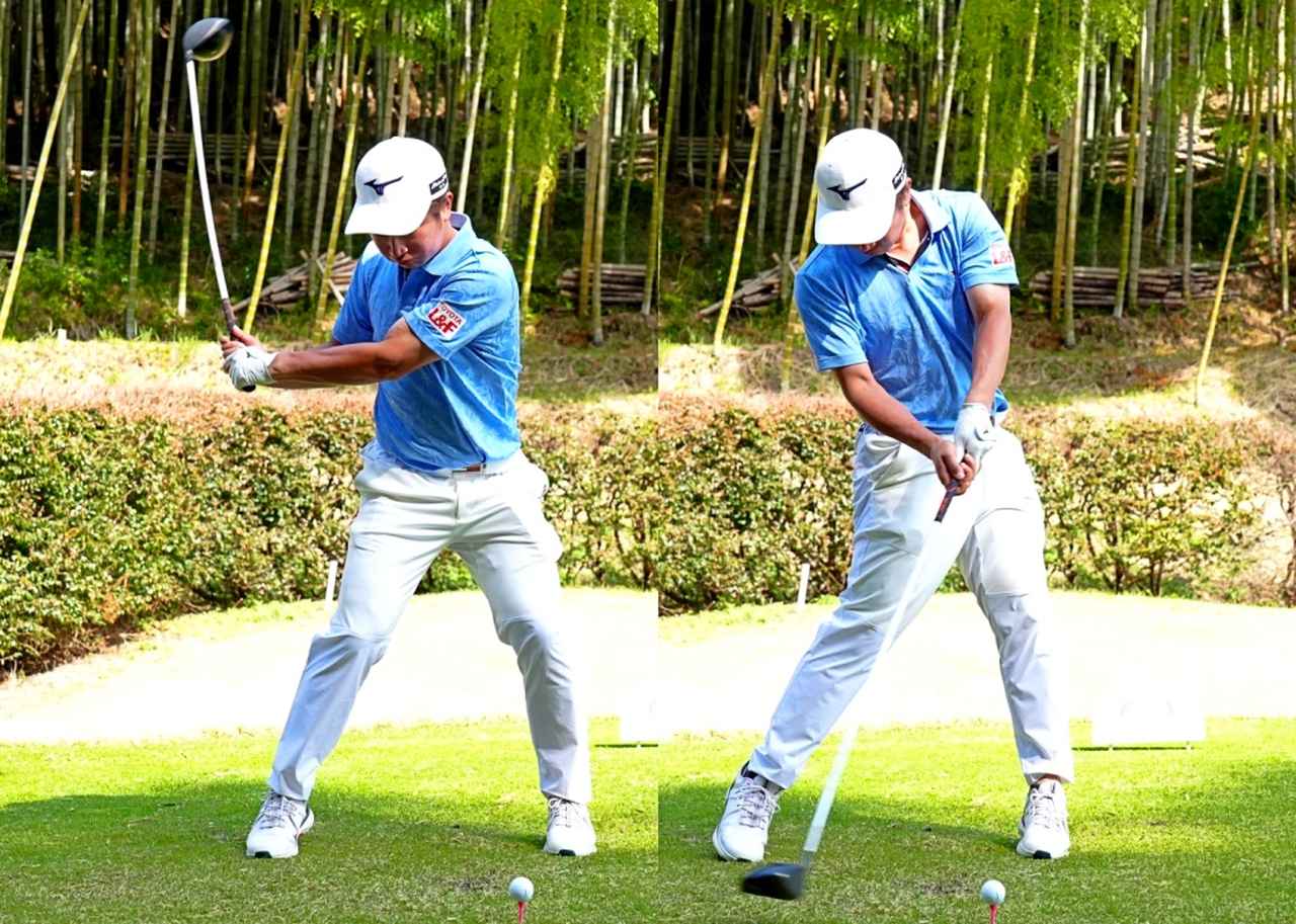 画像: 切り返しから一度グッと沈み込み、インパクト直前から左足を伸ばしていく