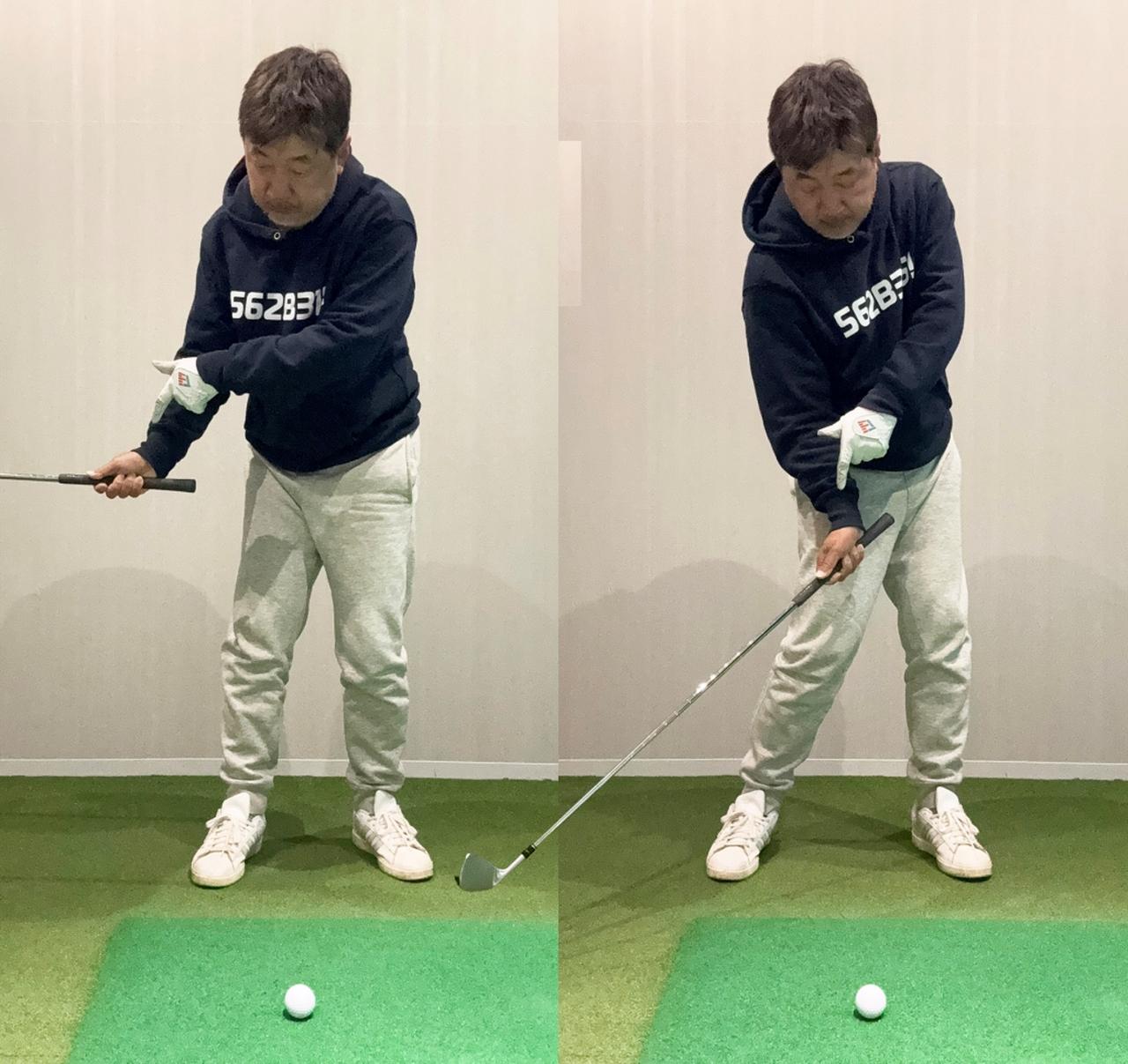 画像: テークバックで作った手首の角度を右足前までキープする