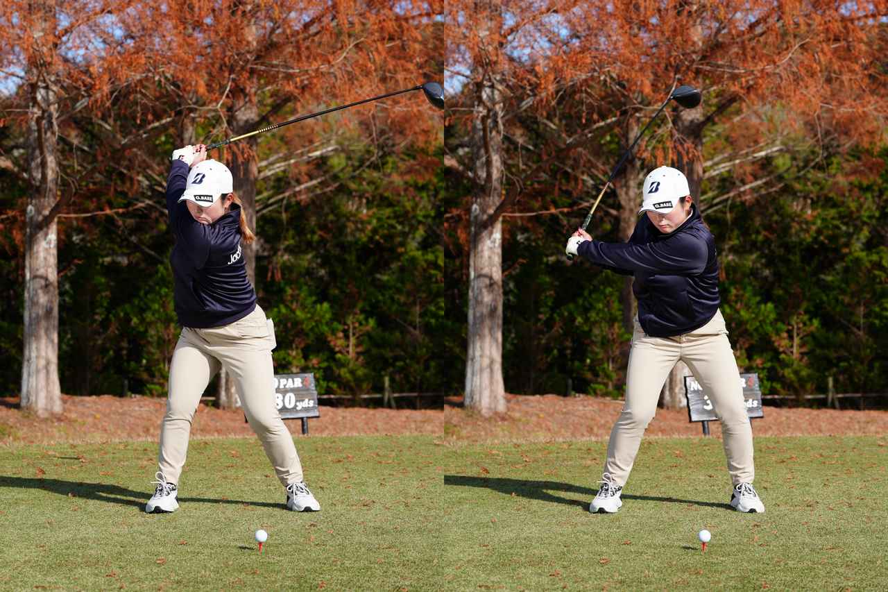 画像: 奥行きのあるトップから左腕が体に巻き付くように切り返すことで手元が浮かずにプレーン上にクラブを下ろす