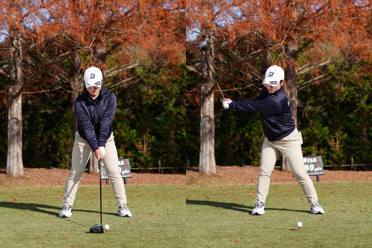 画像: オーソドックスなスクエアグリップから右足をしっかりと踏み込んでテークバックする