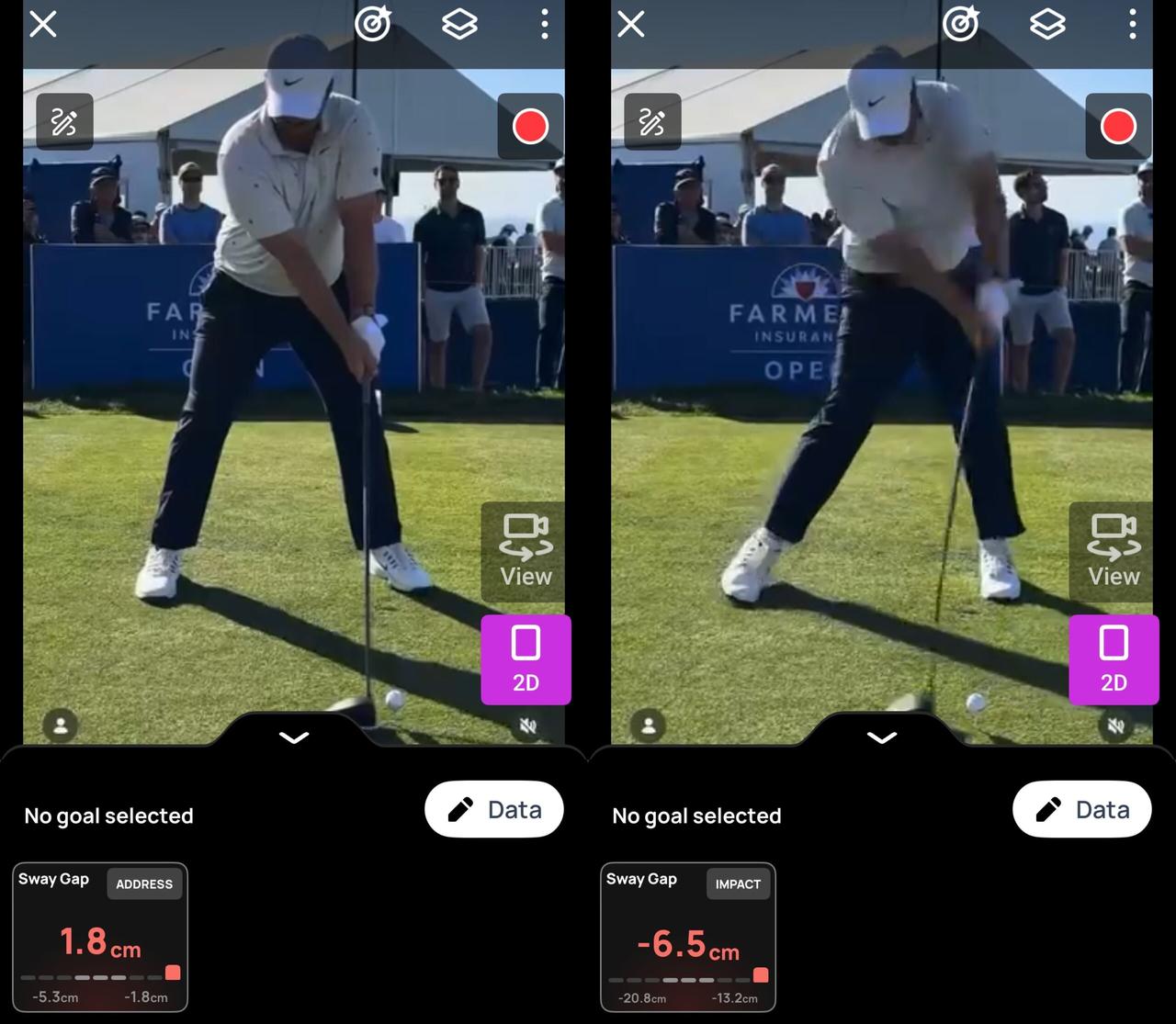 画像: 画像①アドレスとインパクト／オープンスタンスでハンドファーストのゴッタラップは左軸のアドレスで、インパクトでも胸と骨盤の左右差が少ない