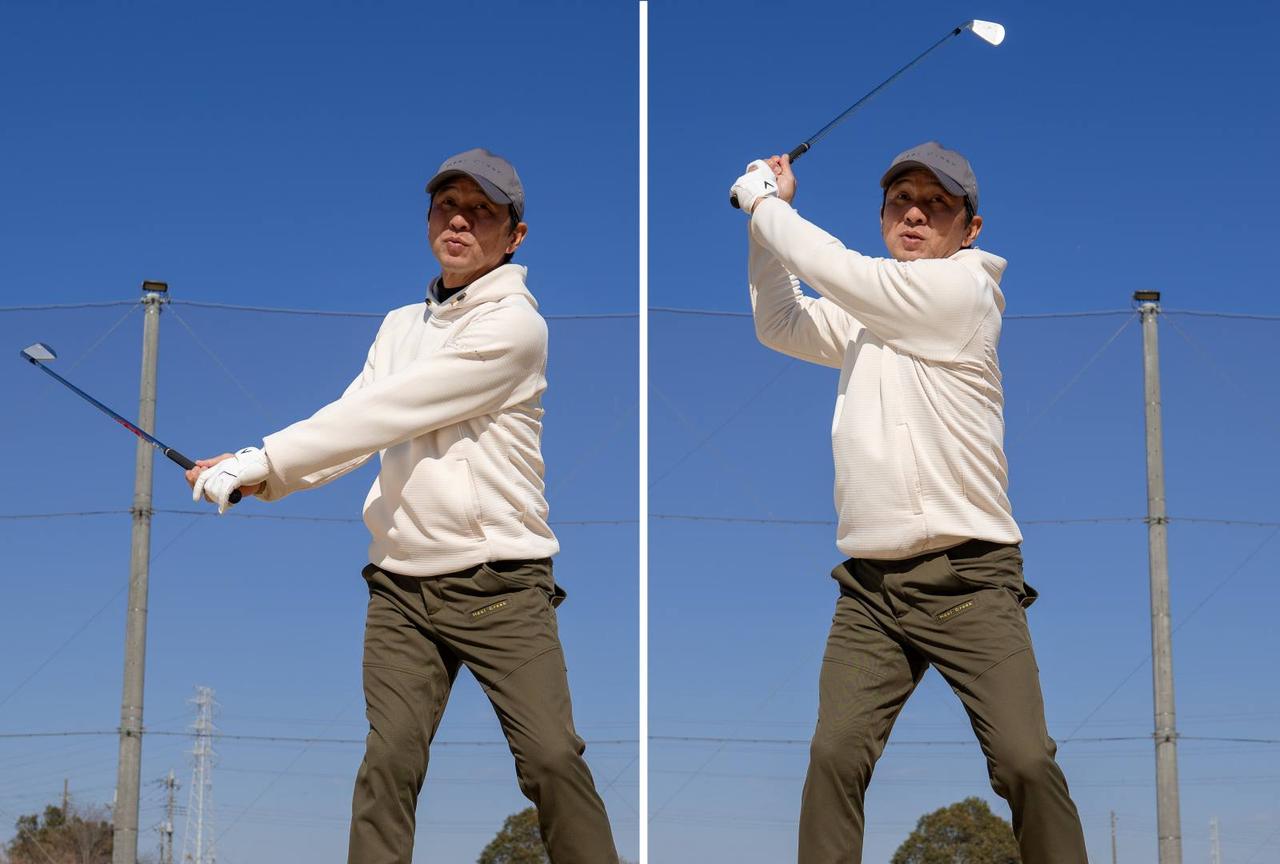画像: 左:手元が低い位置のままヘッドが上がる 右:手が高い位置に上がってしまう