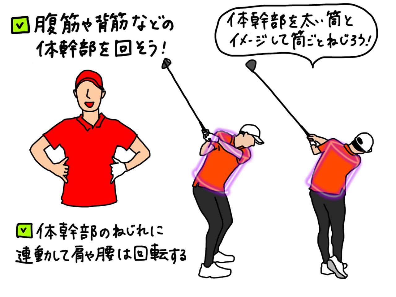 画像: 肩を回そうとして腰も一緒に動いてしまうゴルファーは、両足をなるべく動かさないようにしつつ、肩ではなく体幹部を動かす意識を持ってみよう。体幹が回れば、肩や腰も連動して回転する