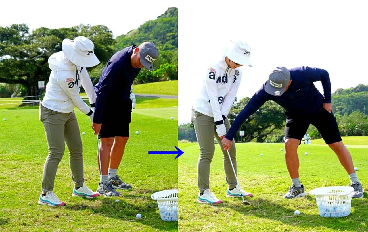 画像: 沖縄特有の強い芝などではハンドファーストにカット軌道でヘッドを入れるより、ややクローズスタンスにして少しハンドレート気味にヘッドを入れたほうがいいとアドバイスを受けた都