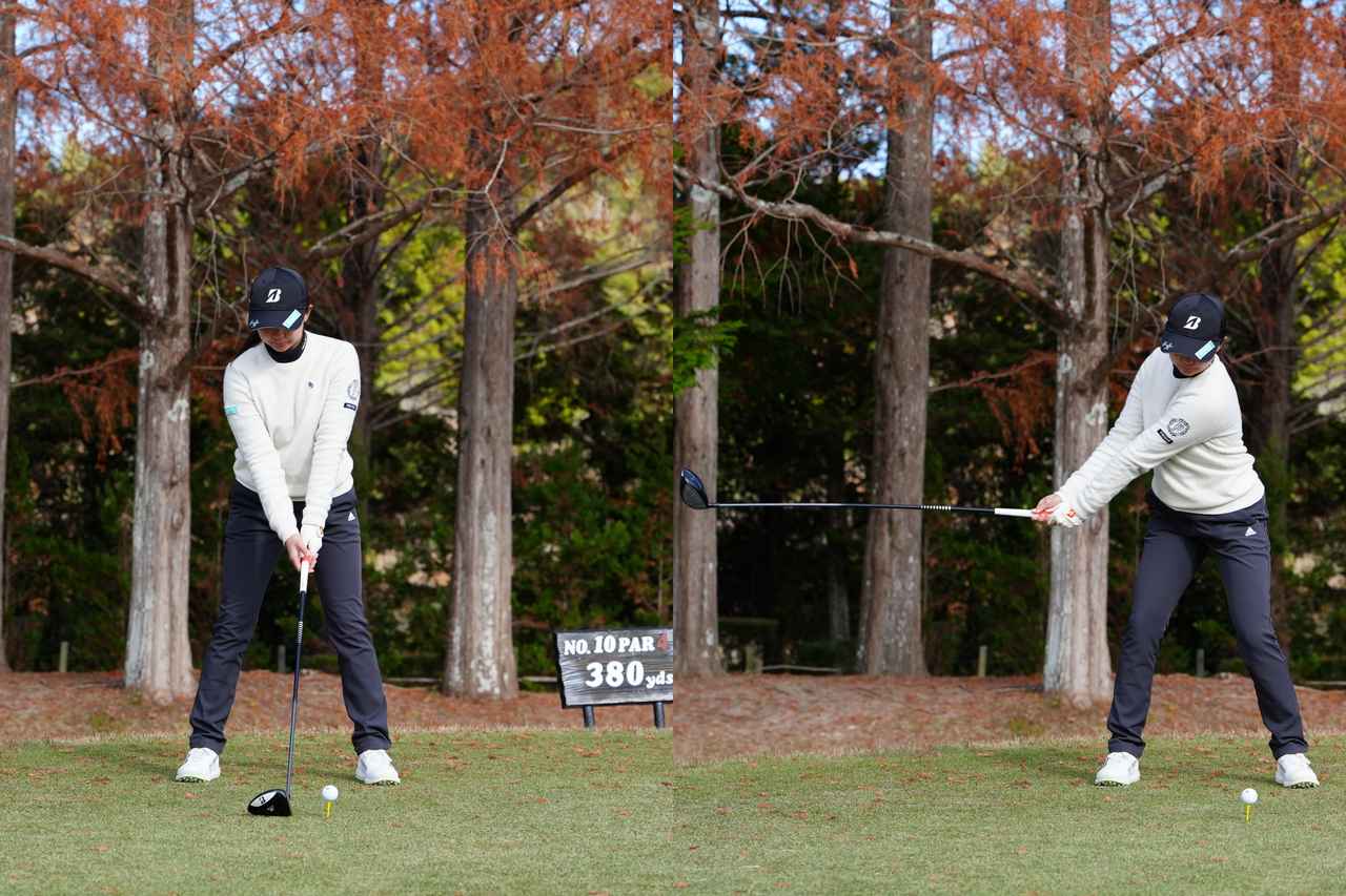 画像: テークバックでシャフトが地面と平行の位置で後方から見てグリップとシャフトが重なる