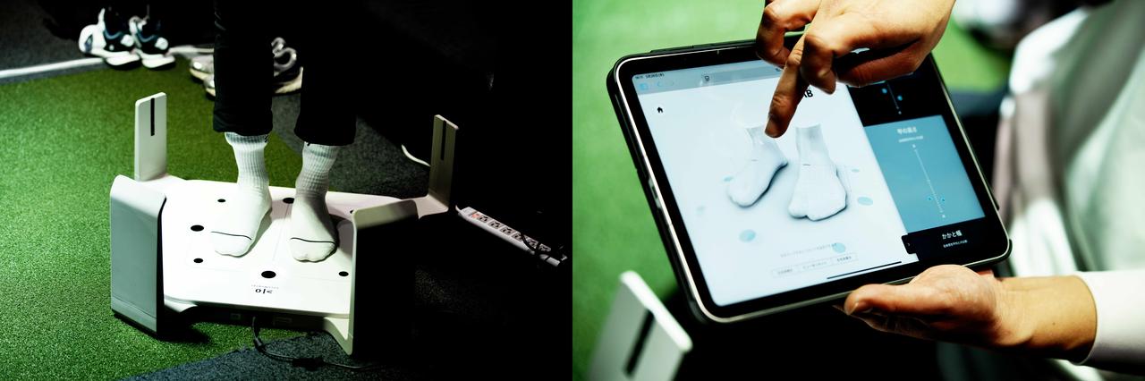 画像: 専用の機械に立つだけで、わずか10秒で詳細な両足サイズを3Dスキャンする新フィッティングシステム「FJ FitLAB」。計測数値からフィッターが最適なモデルを推奨する