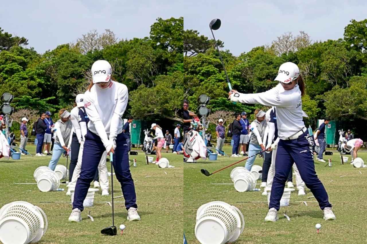 画像: オーソドックスなスクエアグリップで握り、体の正面から手元を外さずにゆっくりとテークバックしていく