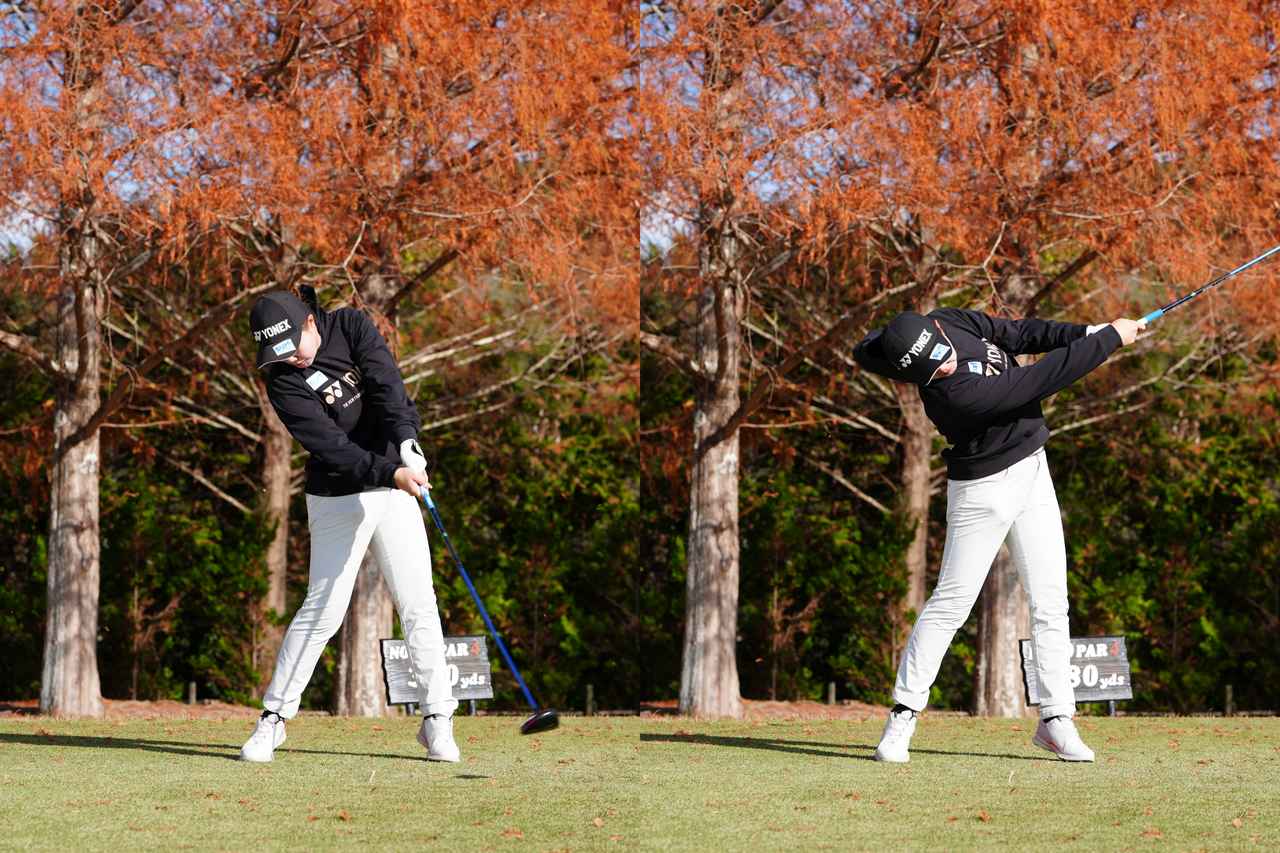 画像: フェースローテーションを抑えて胸を大きくターンさせる