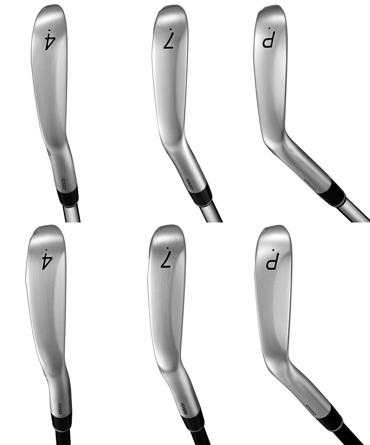 画像: 写真上部の3本が「01」、写真下部の3本が「02」。どちらもソールのリーディングエッジ側が半月のように削られているのがわかり、番手によって異なっている