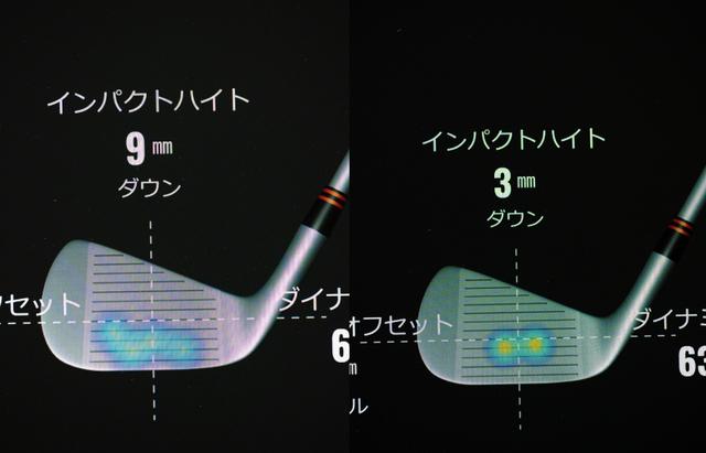 画像: マイクラブ（左）に比べ、シャフトまで調整した結果、打点が明らかに改善した（右）