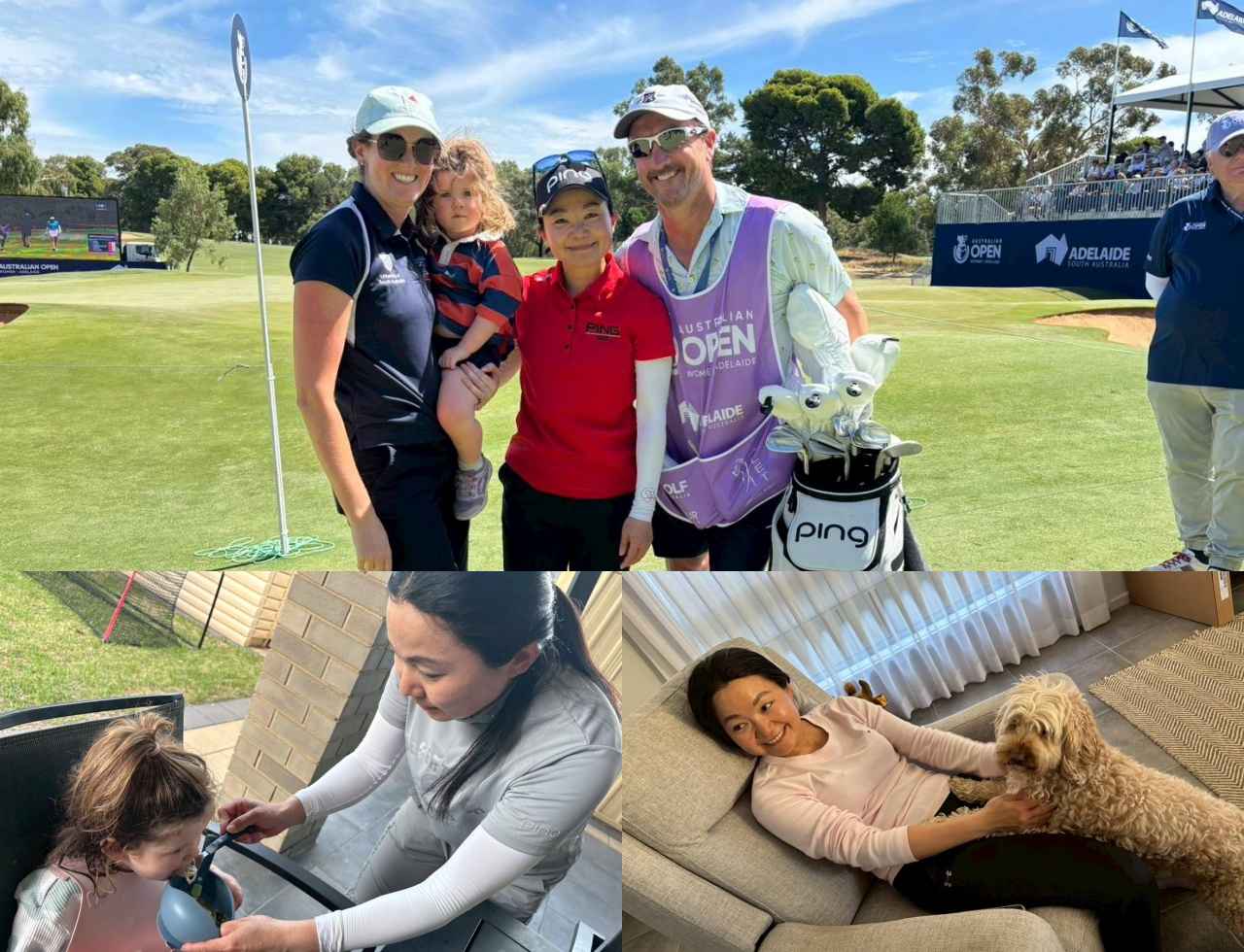 画像: アデレードでお世話になったキャディさんとご家族。2歳の娘さんとワンちゃんとたわむれる彩子