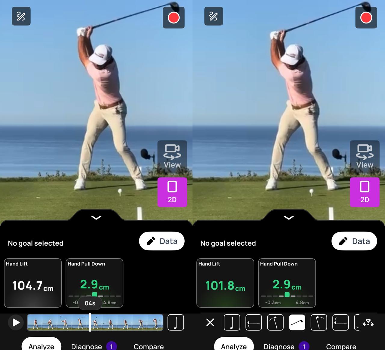 画像: 画像➂トップから切り返しに移行する瞬間の比較／トップの「間」で手がスムーズに下りる