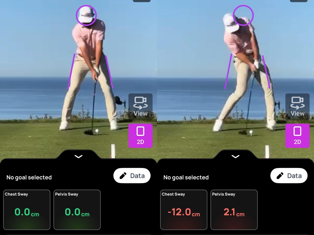 画像: 画像①アドレスとインパクト／胸と骨盤ともに右軸でインパクトしているのがわかる