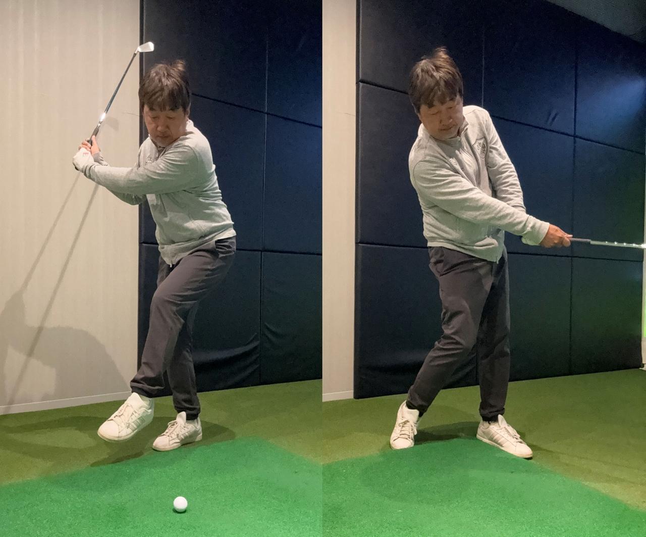 画像: バックスウィングでしっかりと右足に乗り、左足を1歩踏み込んでボールを打つ