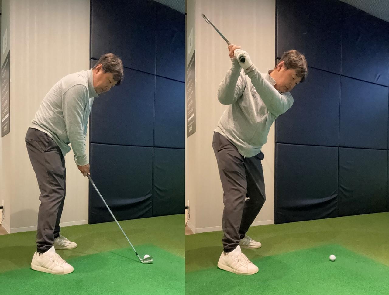 画像: 普通に構え、テークバックをしてトップで一度止まってから打つ