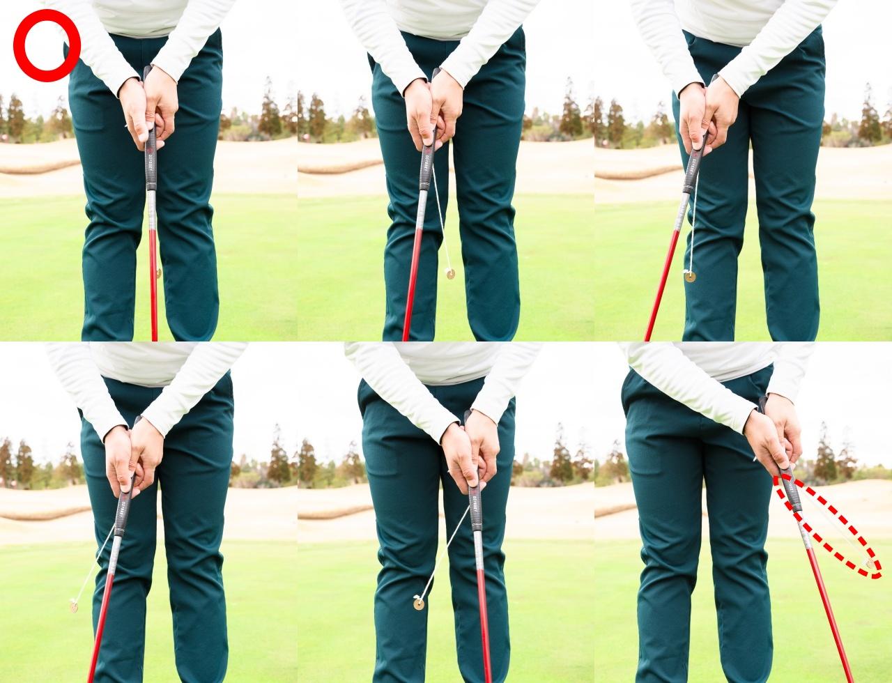 画像: 加速させながらインパクトするストロークでは、5円玉はパターよりも遅れて動く。インパクトでもっとも大きく遅れて、フィニッシュでパターを追い越す。このストロークが正確な方向と距離感を生み出す