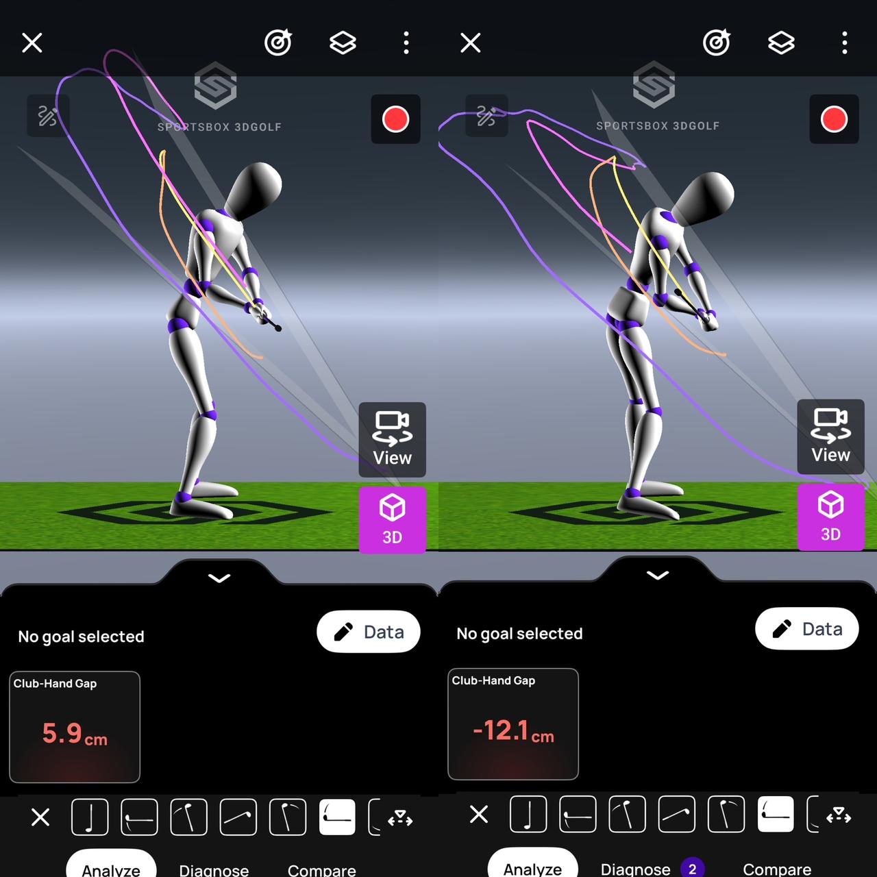 画像: 画像②アマチュア（左）とフィッツパトリック（右）の3Dアバター比較／手とクラブの前後差はプラスとマイナスで正反対だ
