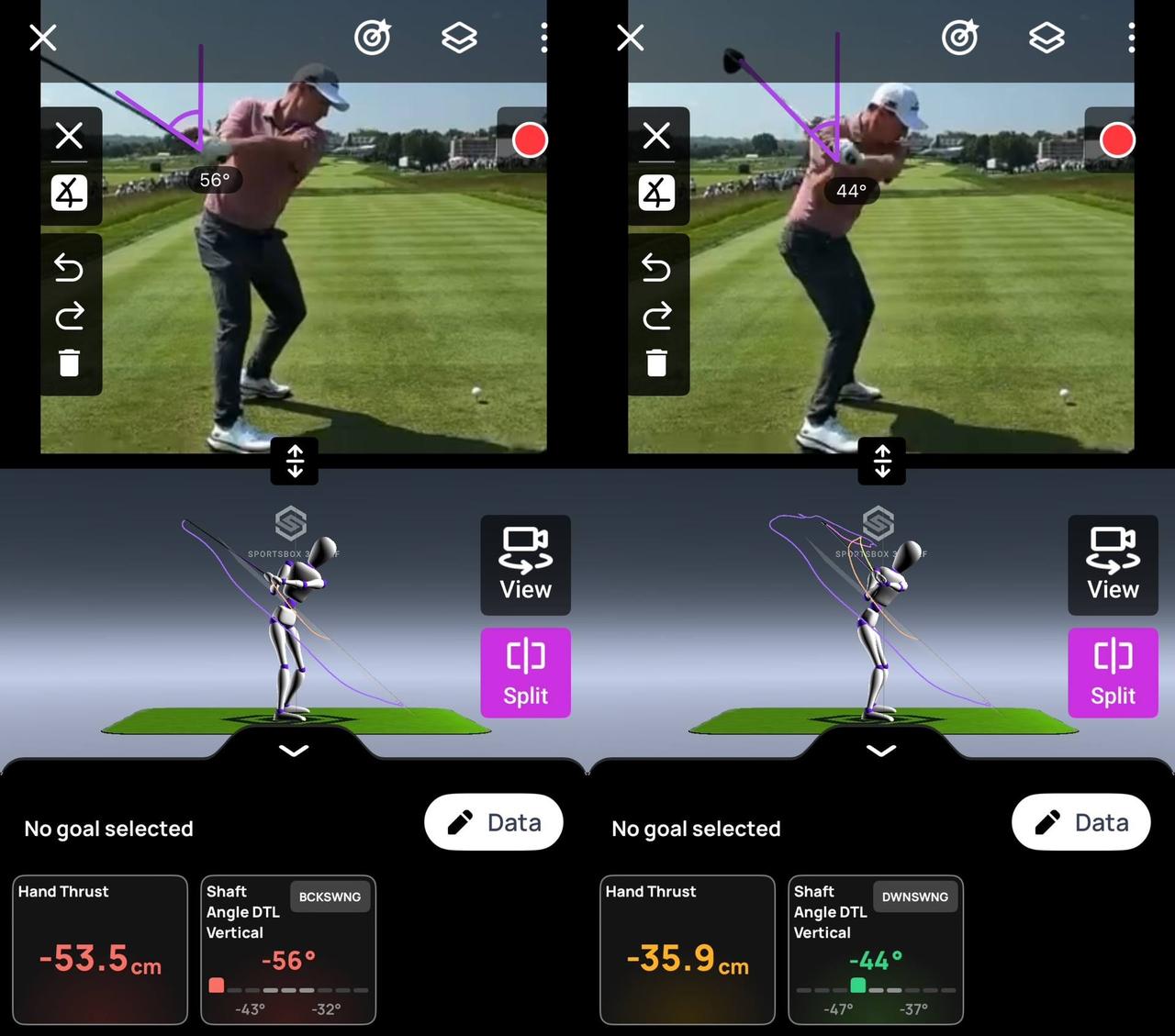 画像: 画像①バックスウィングとダウンスウィングの比較／両手とクラブはいずれもバックスウィングのほうがインサイドに入っている