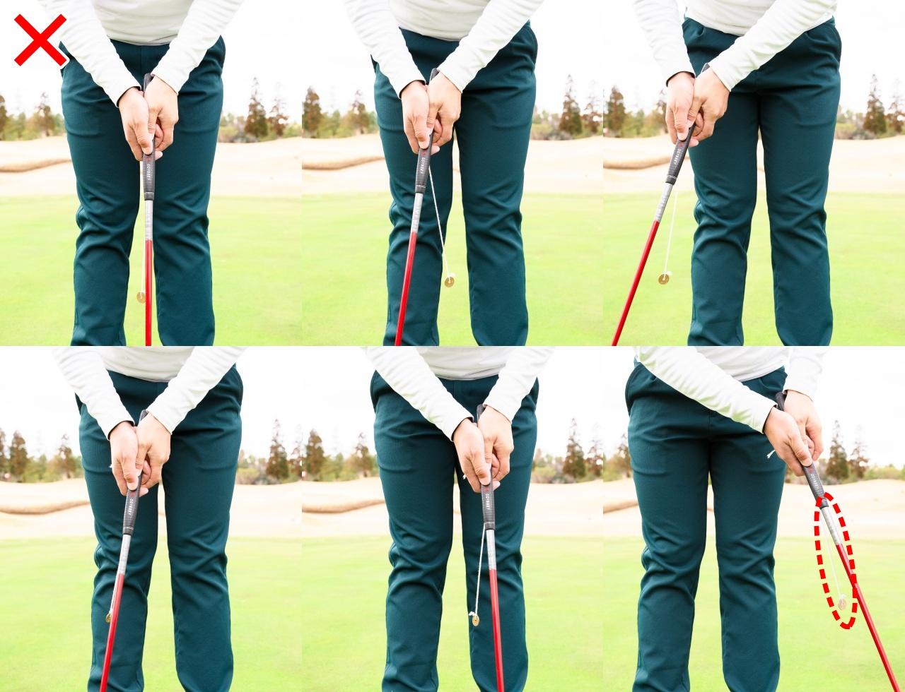 画像: パターをゆっくり等速で動かしてストロークすると、5円玉はパターと同じように動く。このストロークでは、インパクトで当たり負けしやすく、狙った方向に狙った強さで打ち出すのが難しい