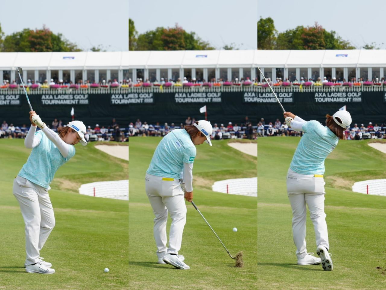 画像: 腕をコンパクトに使い、フェースローテーションの少ないスウィングでピンを攻めた