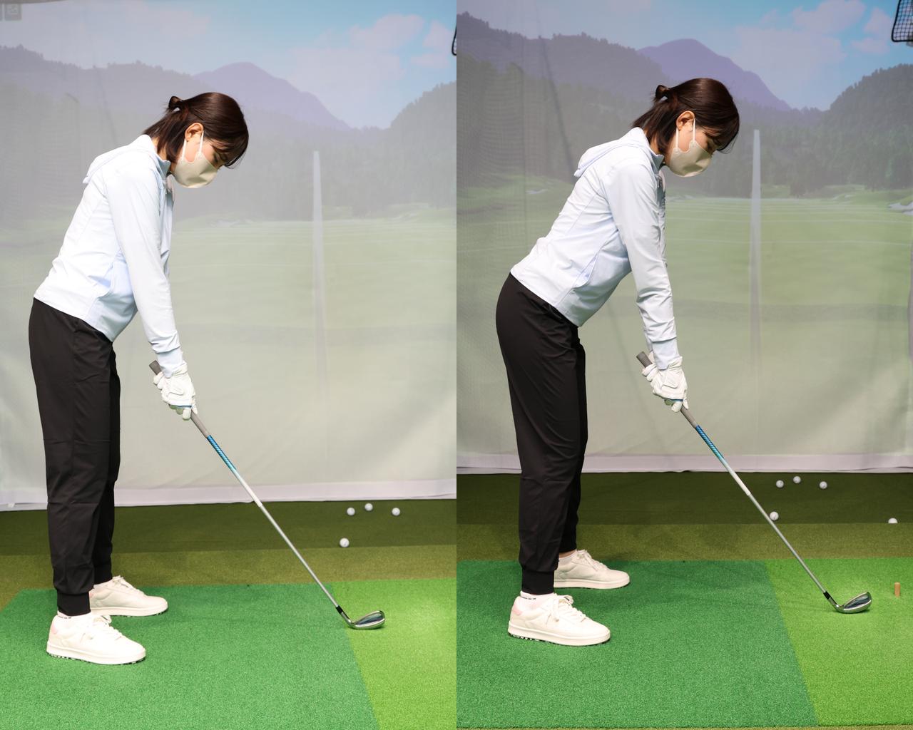 画像: 【左】矯正前のアドレス。「これでもひざを曲げて、前傾姿勢になっているつもりでした……」（Ｍ美） 【右】矯正後のアドレス。“かっこいい”姿勢に自分でもびっくり！