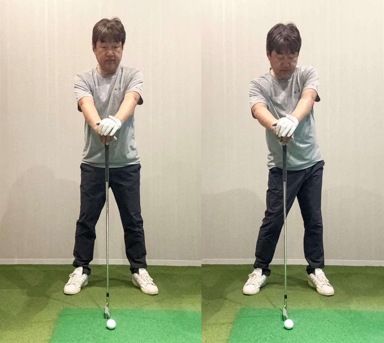 画像: 垂直にクラブを立てて両手で固定し、その状態のまま腹部だけを回す