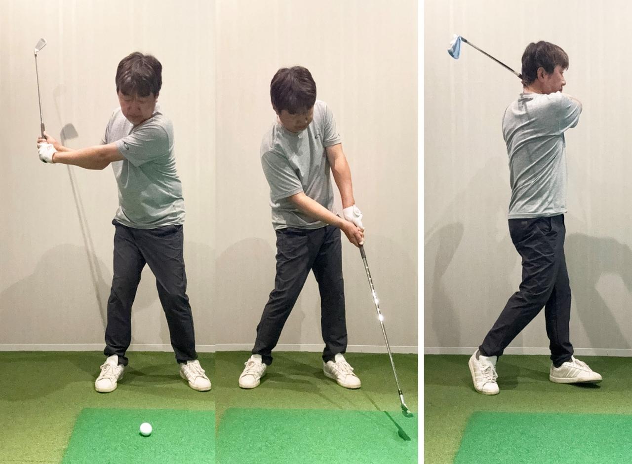 画像: （左）ハーフスウィングでお腹から切り返すイメージでボールを打つ。（右）フルスウィングではフィニッシュまでお腹を回し続け、お腹が目標方向を向くようにする