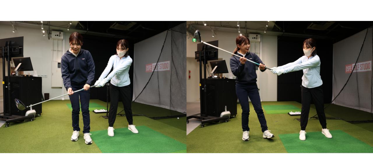 画像: 写真②／【左】手元が腰の高さに来るまで右ひじは曲げない　【右】手元が腰の高さを超えてから自然に右ひじが曲がり始める