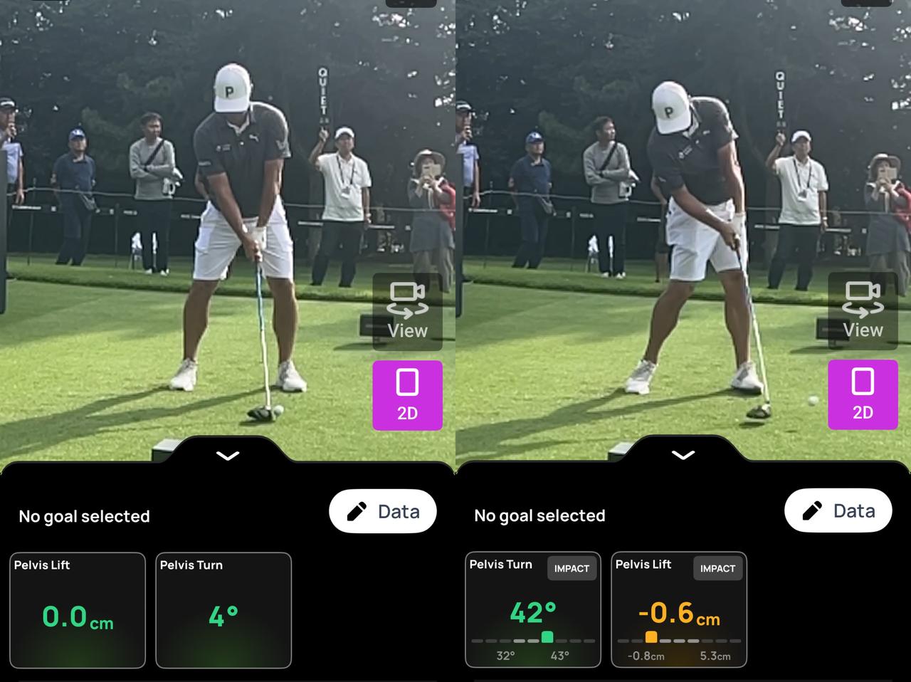 画像: 画像③アドレスとインパクトの比較／右足ベタ足のウッドランドは、骨盤の上下動が少なめだ