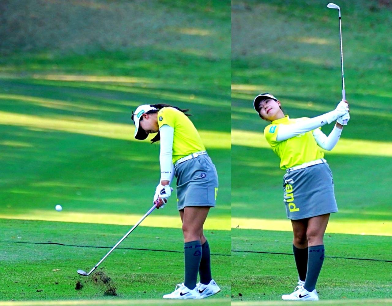 画像: 18番パー5の3打目を放つ菅楓華
