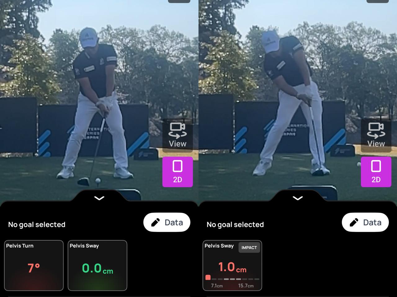 画像: 画像①骨盤のアドレスとインパクトの比較／オープンスタンスで構えて、その場で骨盤が回転している