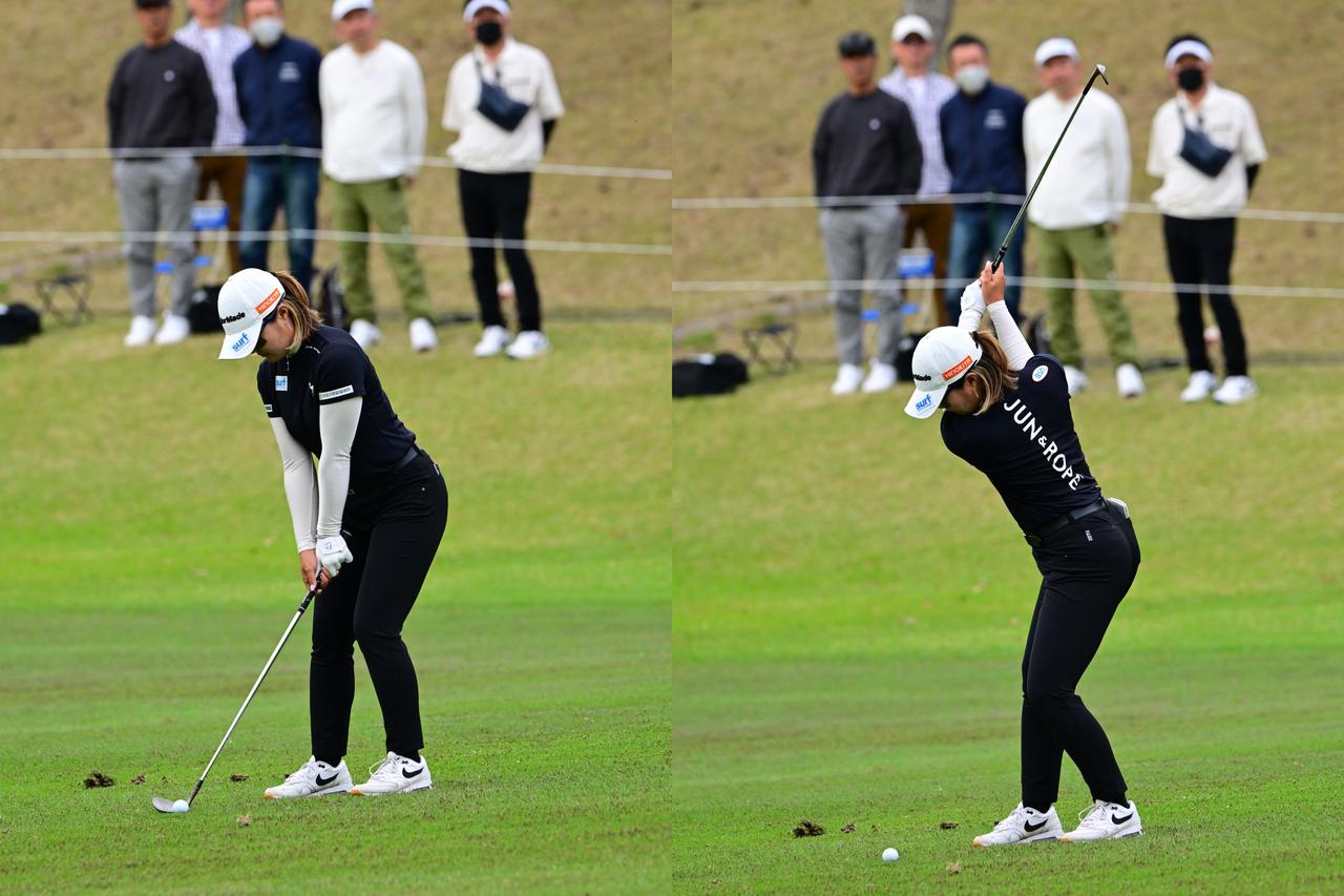 画像: 背中が真っすぐな姿勢で構え、トップでは背中をターゲットに向ける