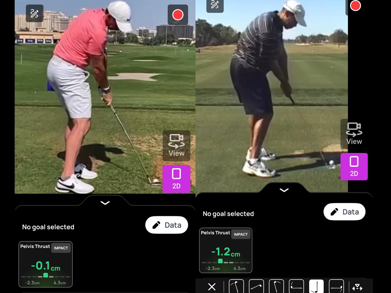 画像: 画像①マキロイ(左)とタイガー(右)の比較/「右足ベタ足」は両者に共通しており、どちらも骨盤の位置がほとんど変わらない