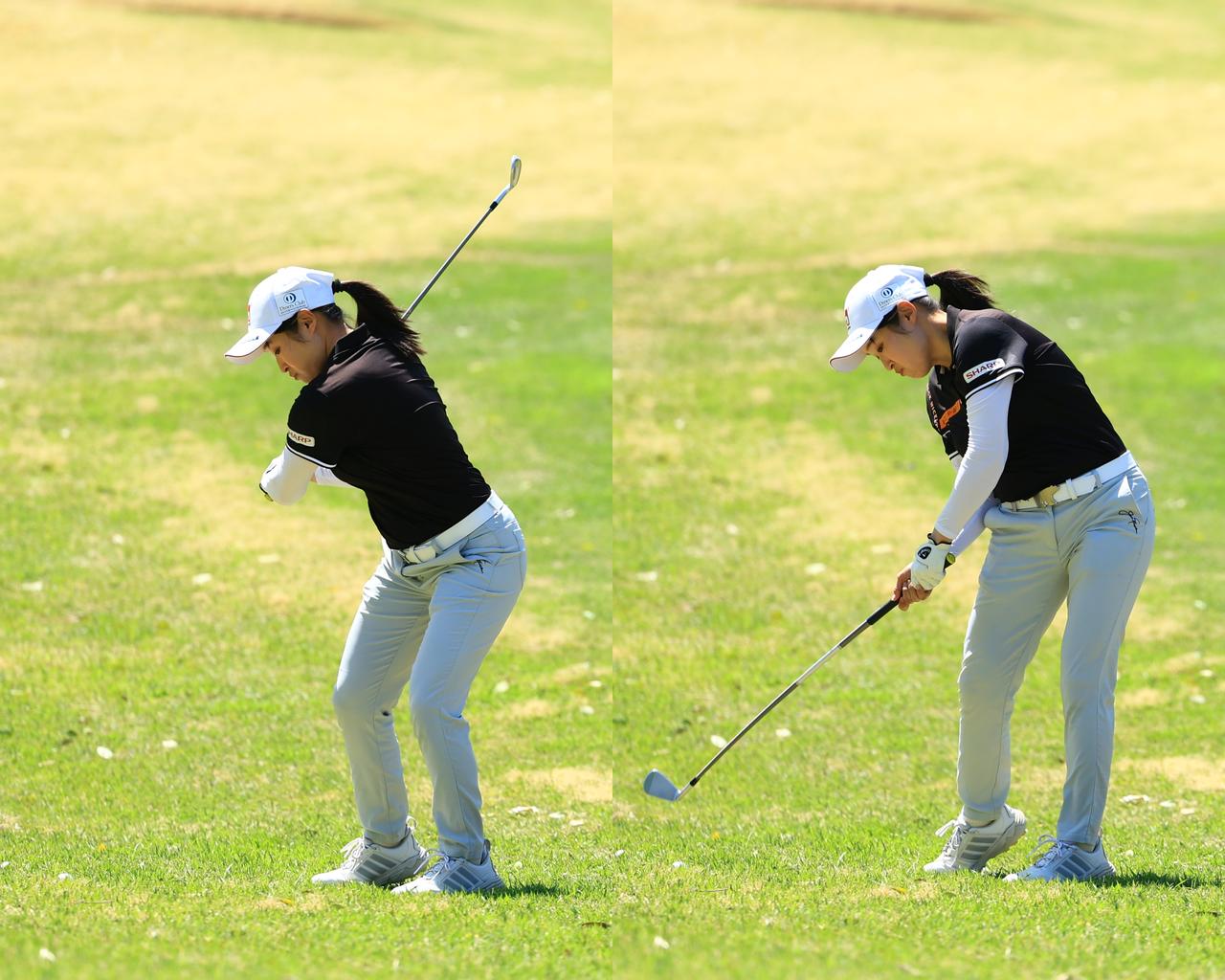 画像: 左へ踏み込んでから切り返し、手元を下ろしてから回転が入る