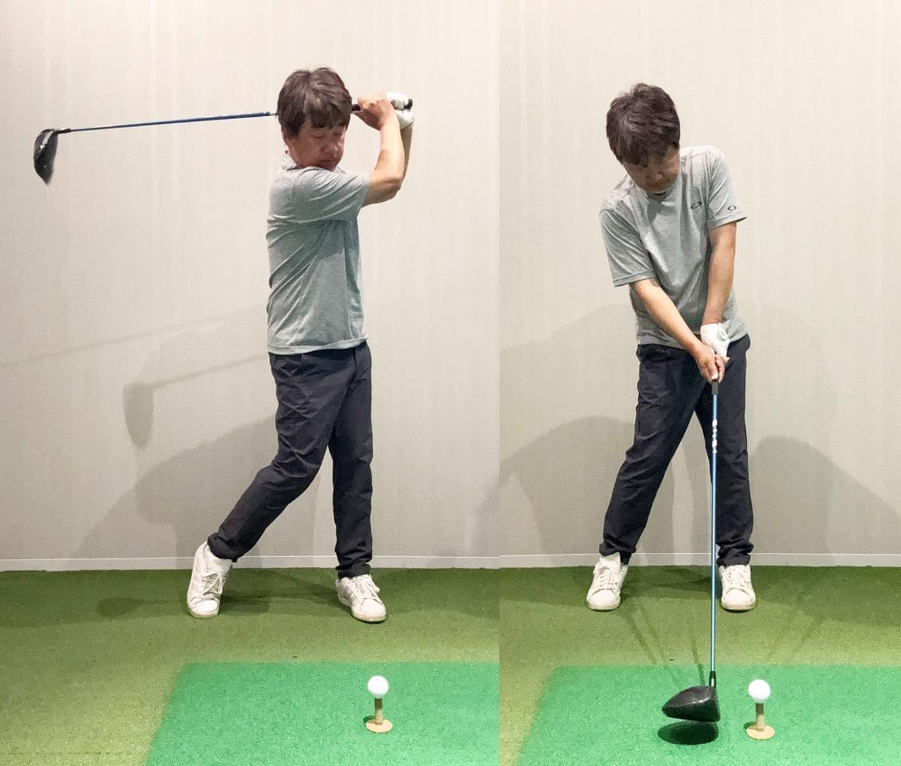 画像: （左）左つま先を真っすぐにすると、左側に壁ができ、スウェイしにくくなる。（右）胸や肩も開きにくくなり振り遅れなくなる