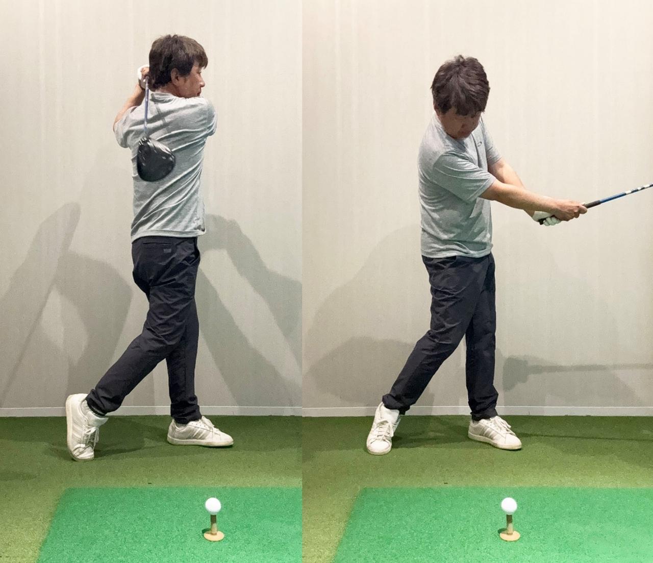 画像: （左）左つま先を開くと股関節のロックが解け、フィニッシュまで振り抜きやすくなる。（右）体重が左足に乗り、パワーがボールに伝わる