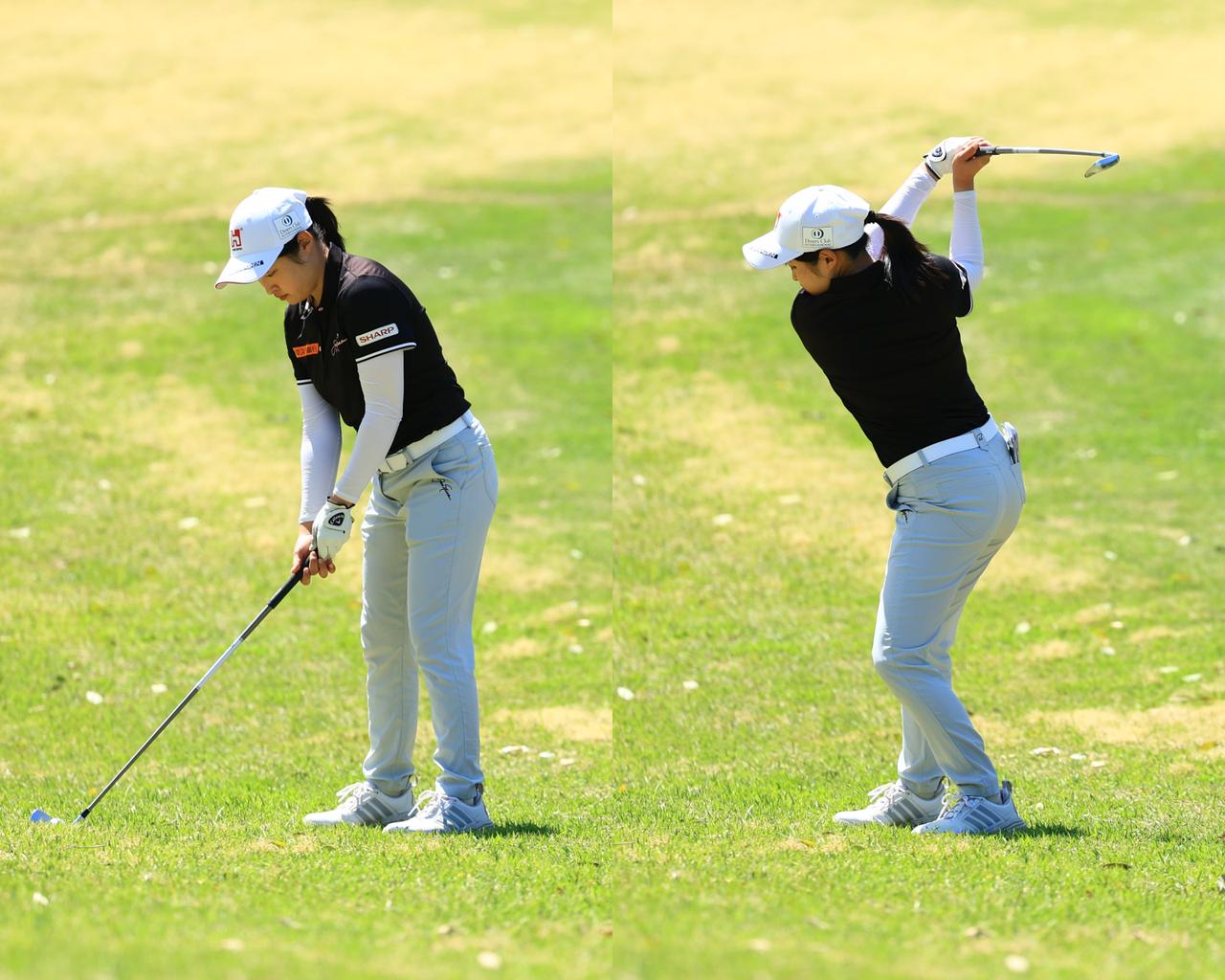 画像: 左手の甲が正面から見えるストロンググリップで握り、トップではフェースが空を向き閉じた状態を作る