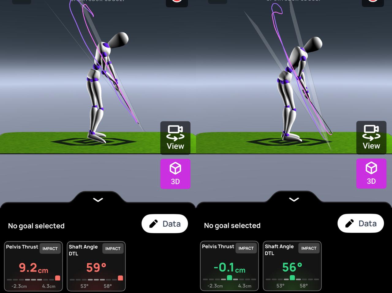 画像: 画像②アマチュア(左)とマキロイ(右)の3Dアバター比較/右足かかとが浮くアマチュアは、マキロイに比べて骨盤がかなり前に出て、シャフト角度もアップライトになっている