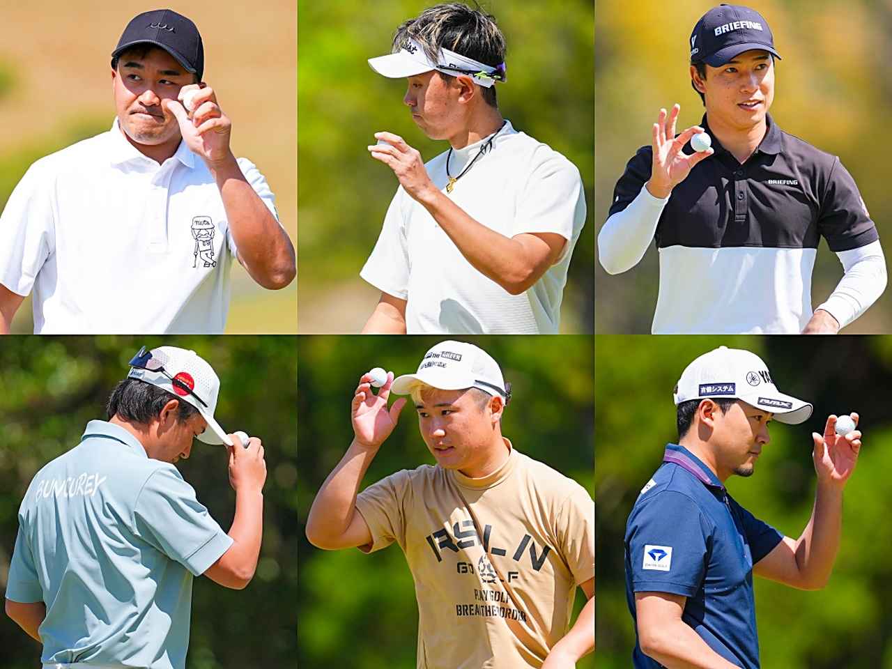 画像: 小斉平優和、阿久津未来也、桂川有人、今平周吾、長野泰雅、金子駆大（2026年 東建ホームメイトカップでプロV1 ファミリーのボールを使用／選手名は左上から時計回り）