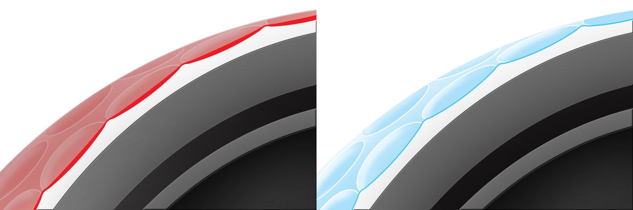 画像: 左が従来の塗装。右が新たな塗装である「マイクロコーティング」のイメージ図（画像はメーカー提供）