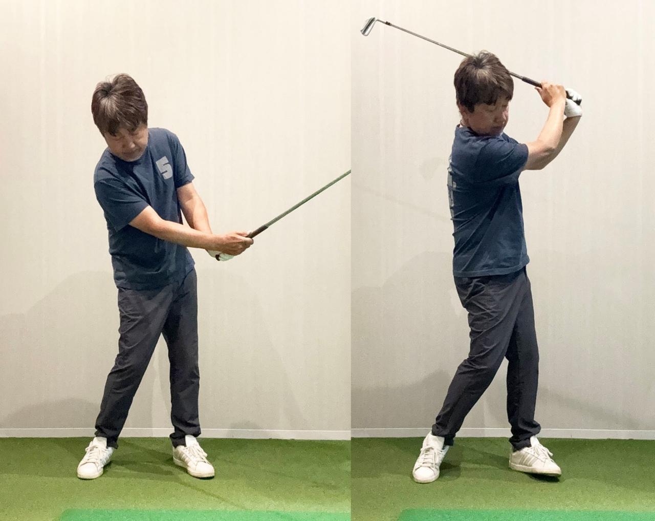 画像: インパクトの後はすぐに左ひじをたたんで斜め上方向に振り抜く