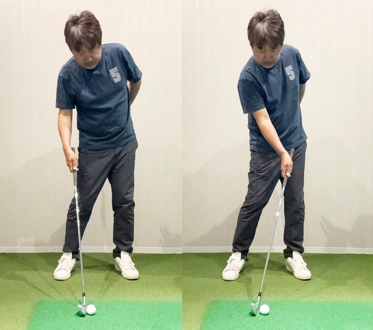 画像: （左）右手首をリリースしてしまってはダメ（右）右手首の角度をキープしたままボールを打つ