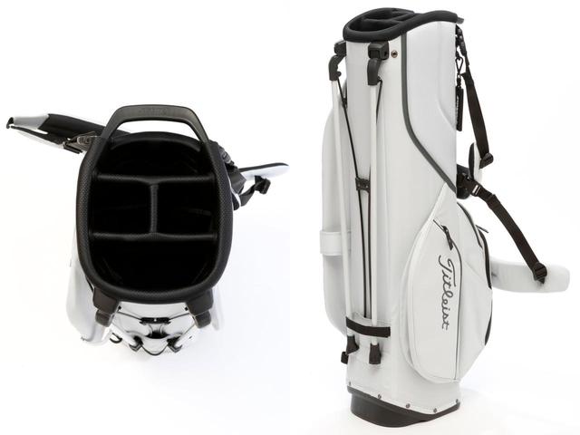 画像: 8.5型／2.7kg。最適化された新形状の4分割口枠と、下までの仕切りでさらにクラブの出し入れがスムーズに（写真左）。完全に新設計されたスタンドシステムにより、安定した脚の展開と高い安定性を実現（写真右）