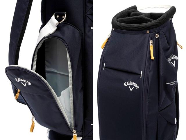 画像: 9.5型／2.4kg。積み降ろしやちょっとした移動に便利な口枠ハンドル。仕分けやすい4分割口枠には角度がつけられクラブが絡まりにくい。スリムなシェイプながら8個ものポケットがあり収納力抜群