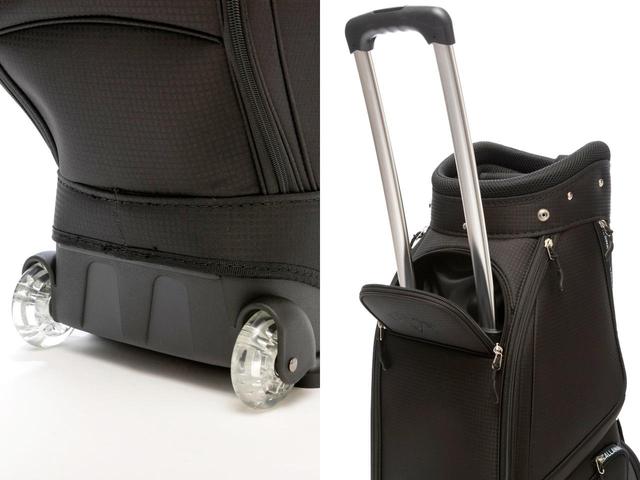 画像: 8.5型／3.7kg。ボトムにはキャスターが2個配され、背面のハンドルを伸ばすとキャディバッグを転がして運ぶことができる