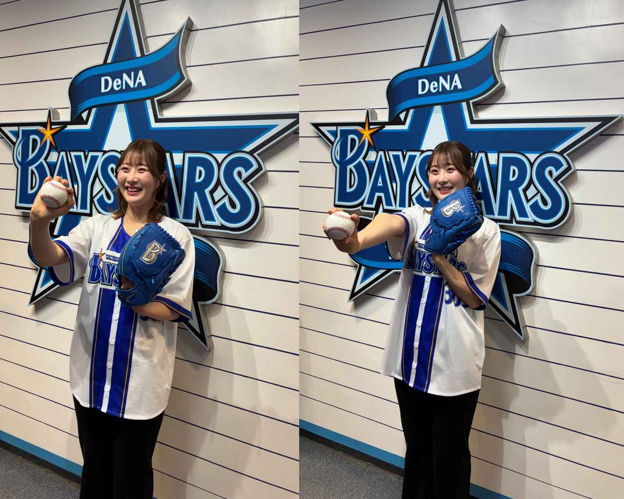 画像: 【左】東克樹投手からボールの投げ方を教わる前【右】「線に沿うように」とのアドバイスをもらい、握り方が様になった都玲華