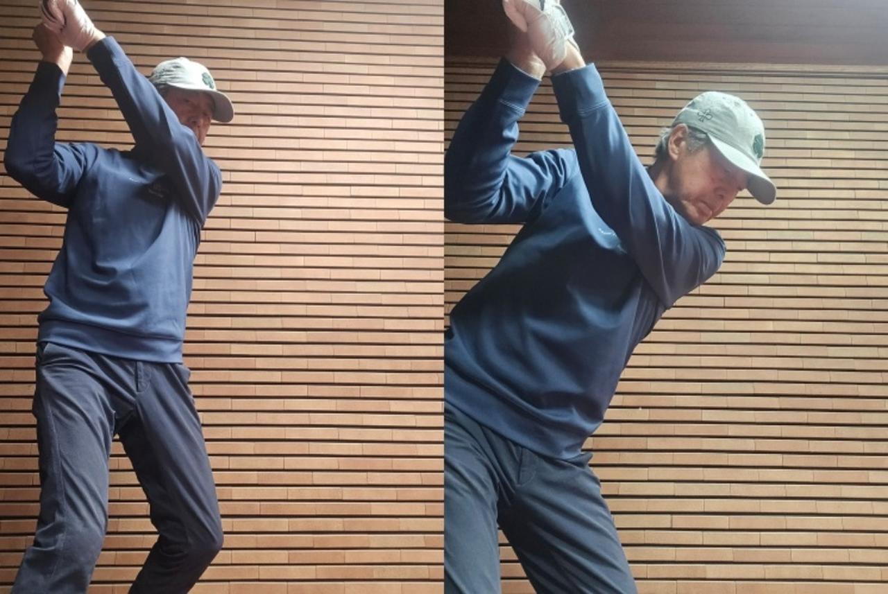 画像: 自分のイメージでは右のようなテークバックをしているつもりなのに、身体の衰えによって、写真左のような上体が浮き上がる振り方になっていたという