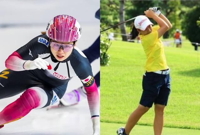 画像: スピードスケートの選手、そしてゴルフのプロテストを受験する程の腕前を持つ長森（写真左：Getty Images／写真右は本人提供）