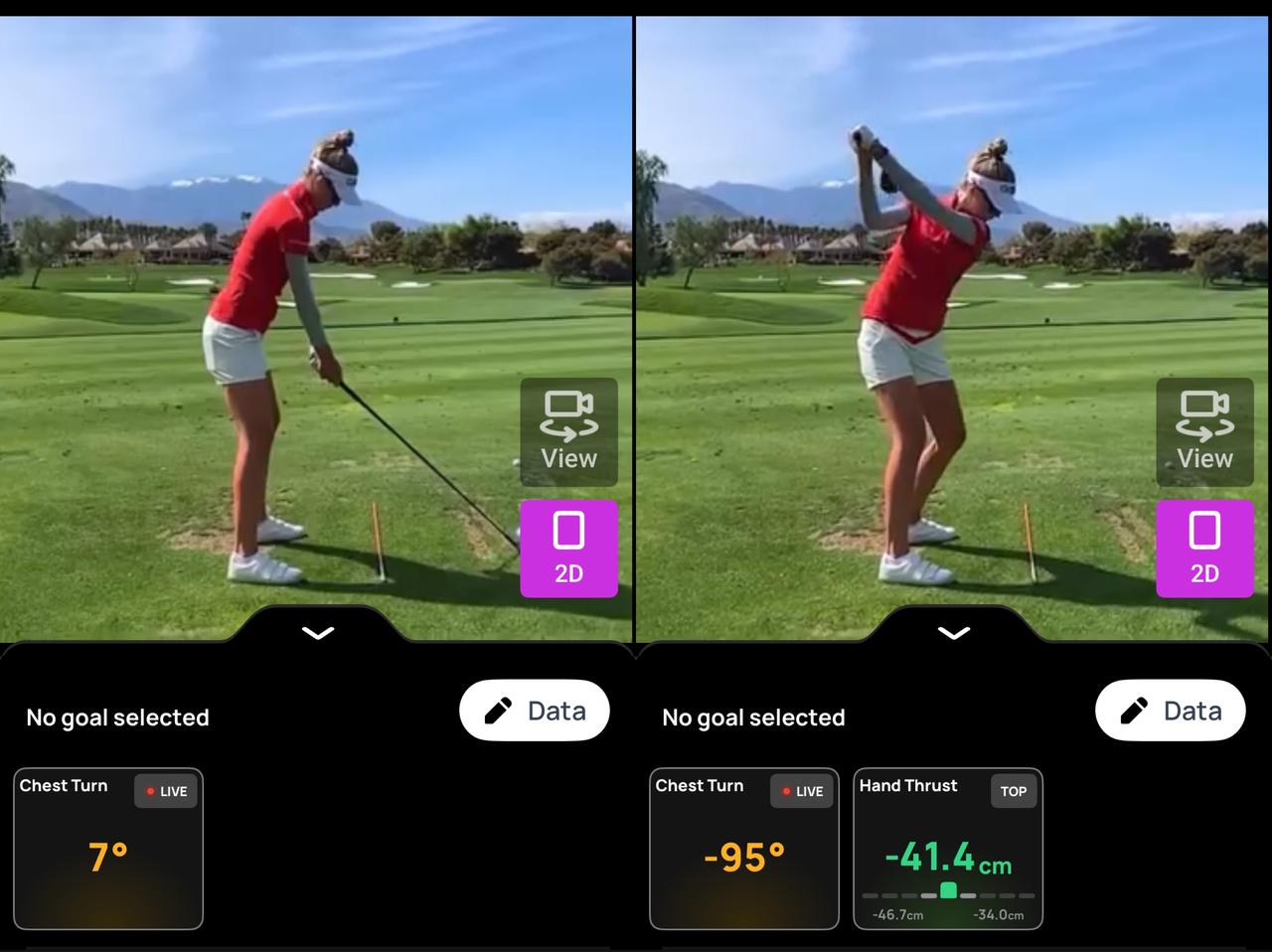 画像: 画像①アドレス（左）とトップ（右）/ドローヒッターのコルダは、トップで胸の回転と手の位置が、いずれも深い