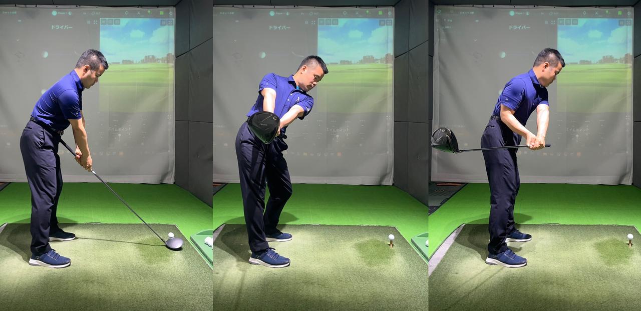 画像: 画像③グリップエンドをお腹につけてアドレス(左)/正しい例(中央)/エラーの例(右)